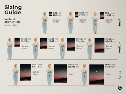 Sizing guide for minimalist landscape prints. Visualize vertical orientations of canvas and poster options. See how the dark teal and pink celestial artwork fits in various sizes. Perfect for bedroom or living room decor.