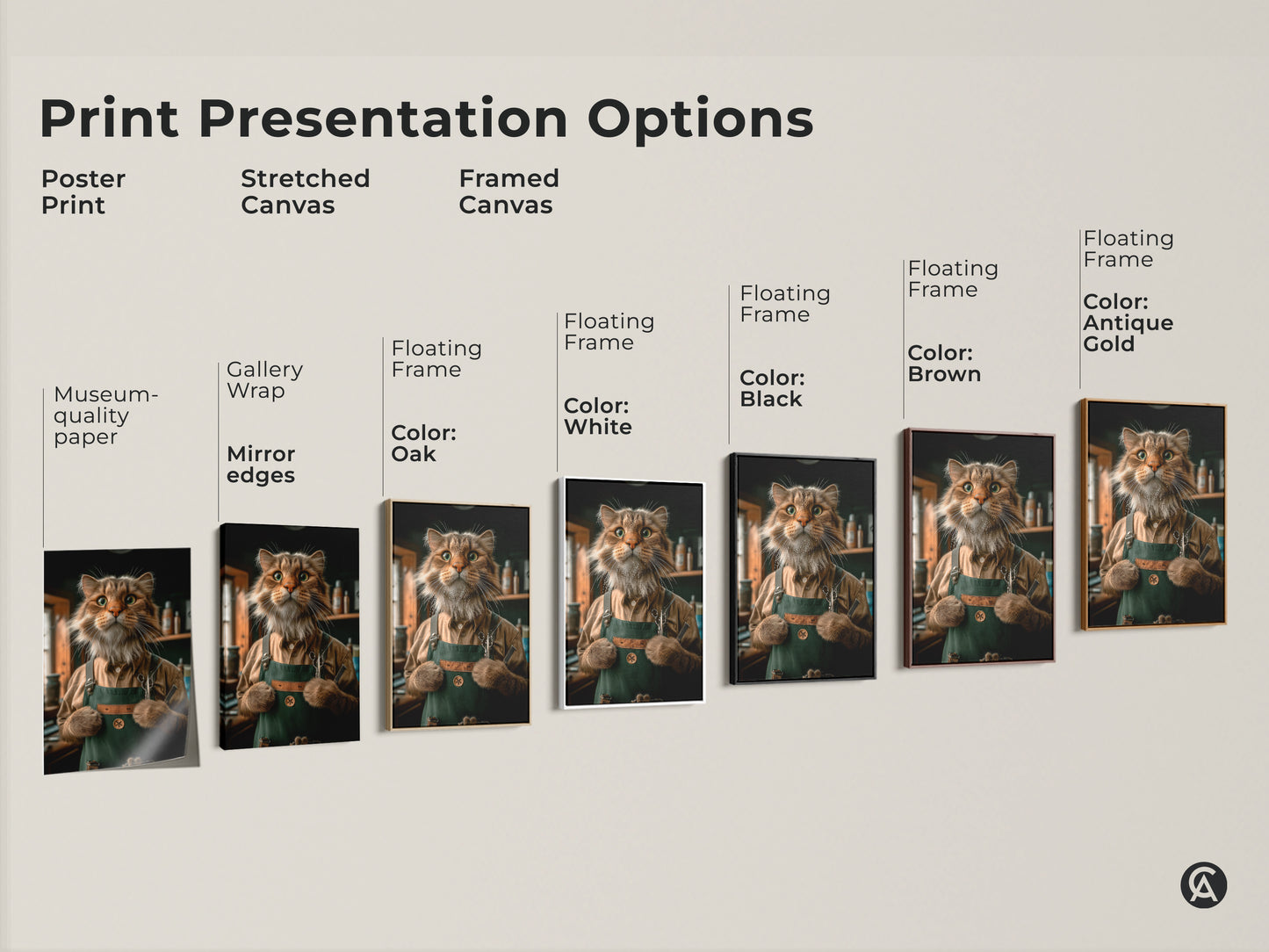 Print presentation options. It includes poster prints stretched canvas and framed canvas. Museum-quality paper gallery wrap and floating frames in multiple colors. Showcasing a funny cat barber in various styles.