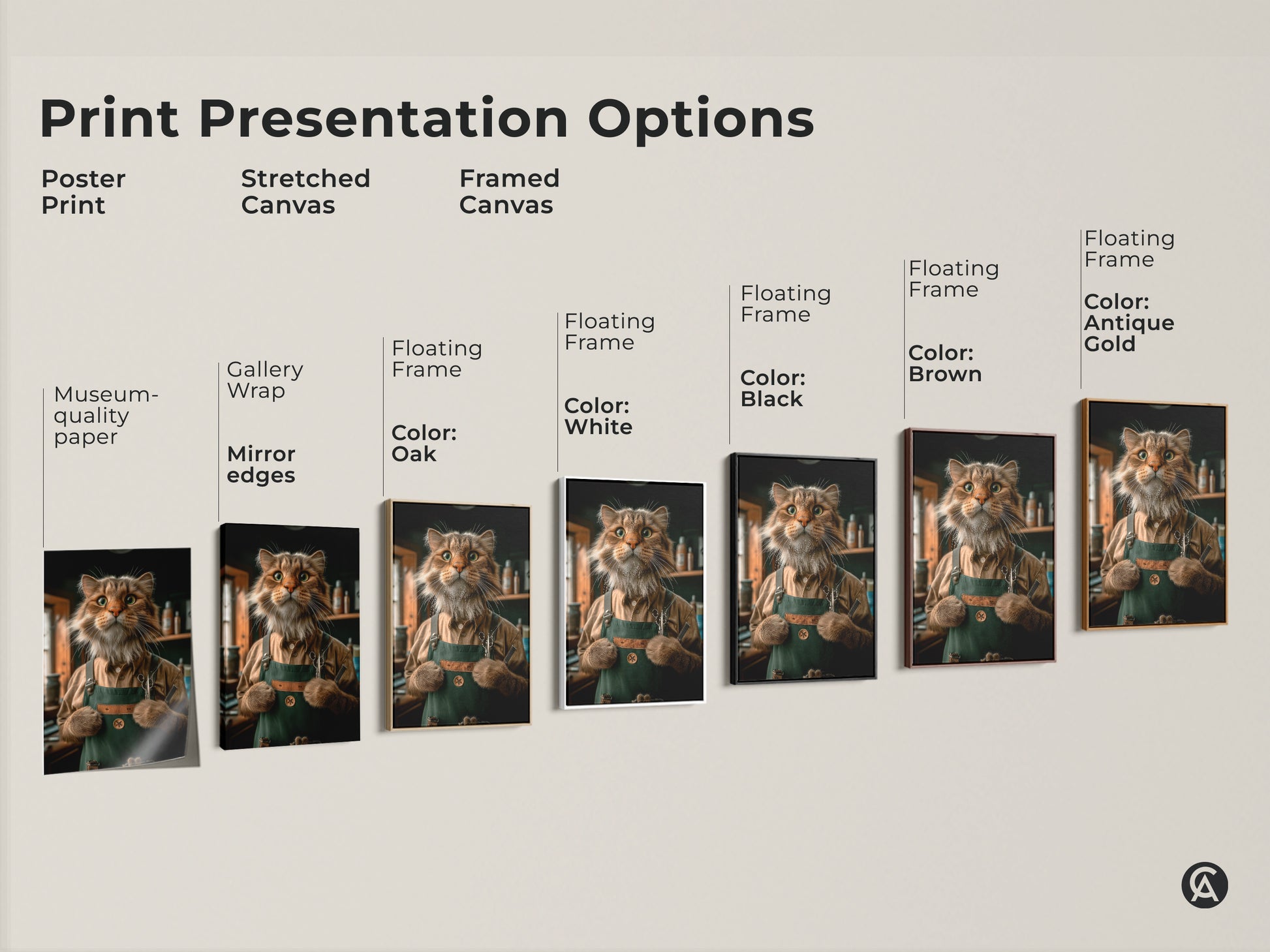 Print presentation options. It includes poster prints stretched canvas and framed canvas. Museum-quality paper gallery wrap and floating frames in multiple colors. Showcasing a funny cat barber in various styles.