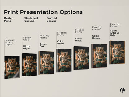 Print presentation options. It includes poster prints stretched canvas and framed canvas. Museum-quality paper gallery wrap and floating frames in multiple colors. Showcasing a funny cat barber in various styles.