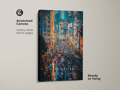 A stretched canvas of a Tokyo cityscape features bright neon lights and reflections. This urban night photography captures a crosswalk scene. The gallery wrapped canvas is ready to hang and perfect for modern home decor.