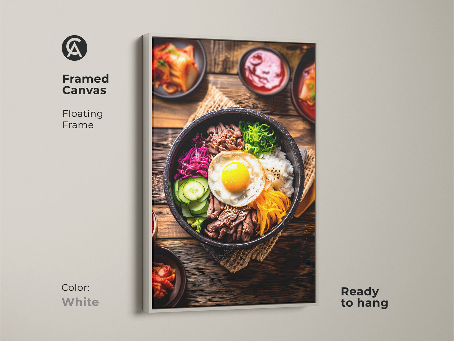 Framed canvas featuring Bibimbap artwork in a floating white frame. This Korean food photography adds a clean modern touch to your kitchen. Showcasing beef vegetables and a fried egg it is ready to hang instantly.