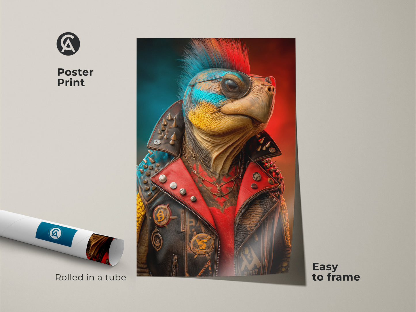 This poster print presents a punk rocker turtle art rolled in a tube. Easy to frame this surreal animal painting is an ideal music fan gift. Add a rebellious teen room decor with this eclectic animal print. The pop culture artwork showcases a turtle with a mohawk and leather jacket. Great for alternative music art enthusiasts.