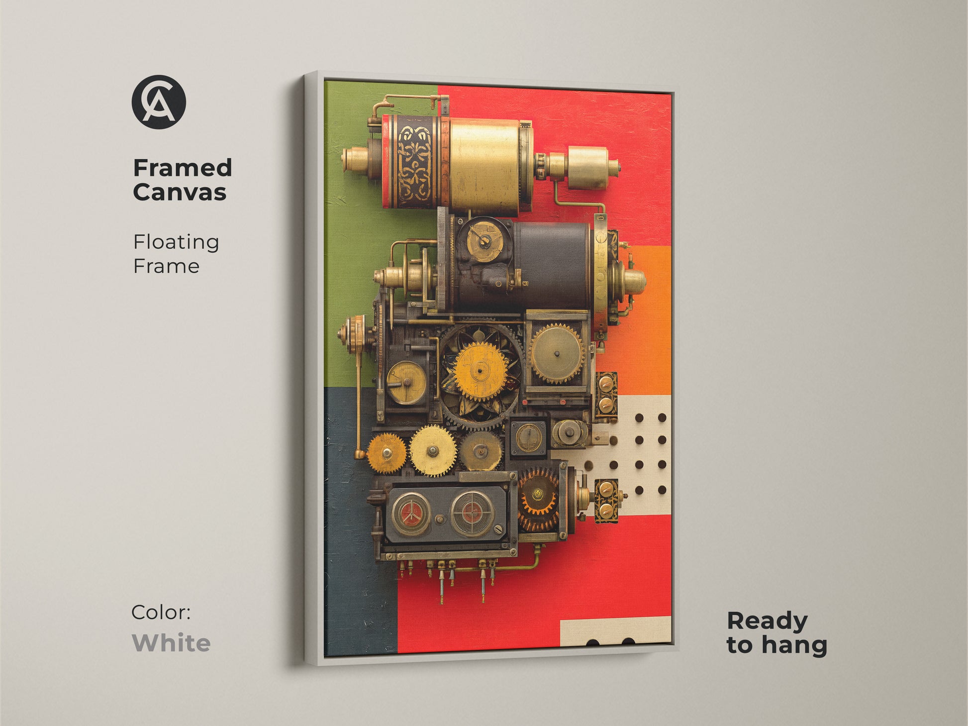 Framed canvas of intricate mechanical gears and clockwork elements in a floating frame. Bold Steampunk and industrial art styles. White frame showcases the red gold and orange accents. Ready to hang makes it perfect office wall art or a housewarming gift for engineers.