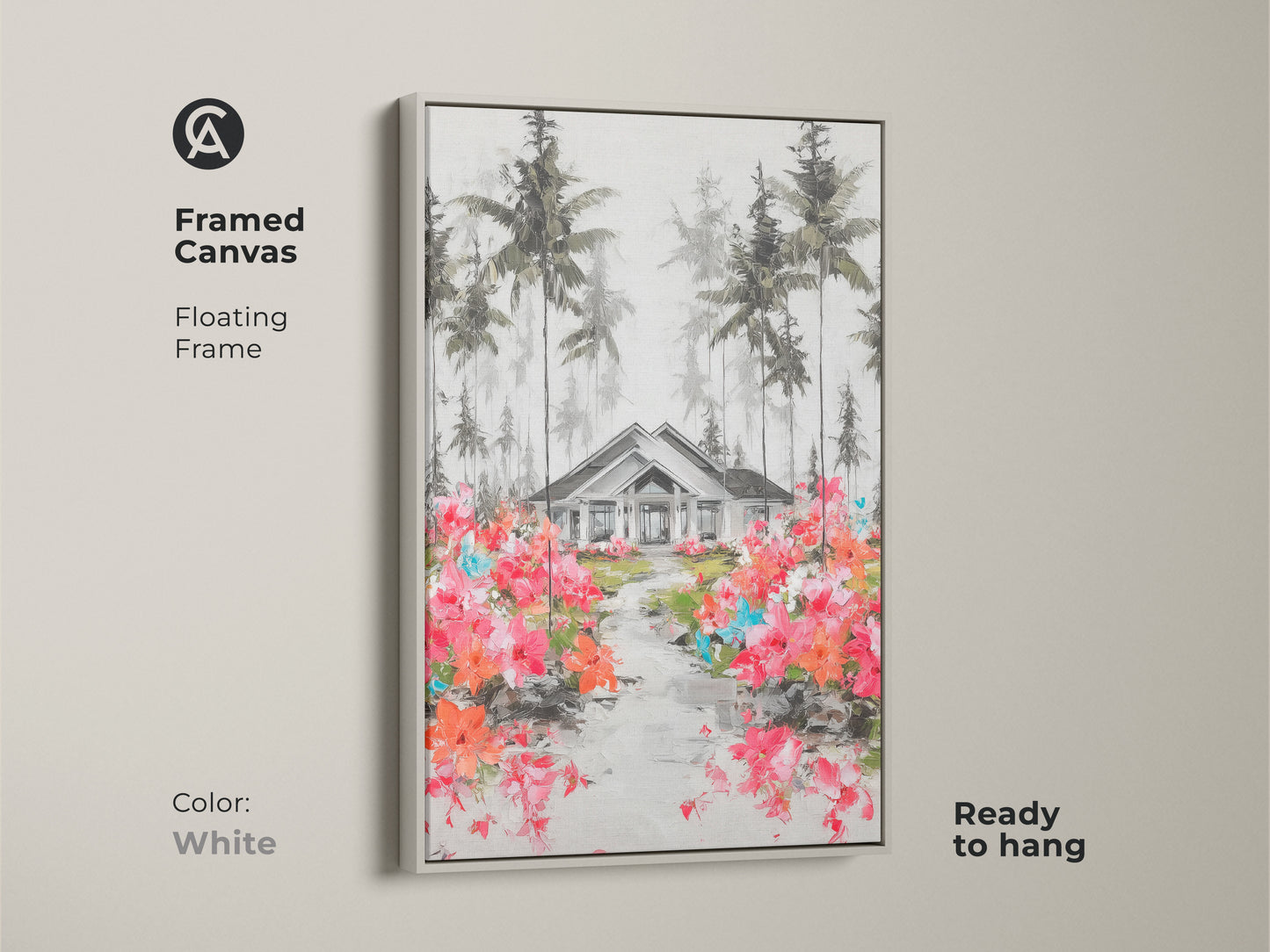 This canvas artwork features a white framed quaint house surrounded by pine trees. This floating frame art print is ready to hang. The blooming path of pink and orange flowers gives it a vintage style. Ideal wall decor for a family home or modern farmhouse entry hall.