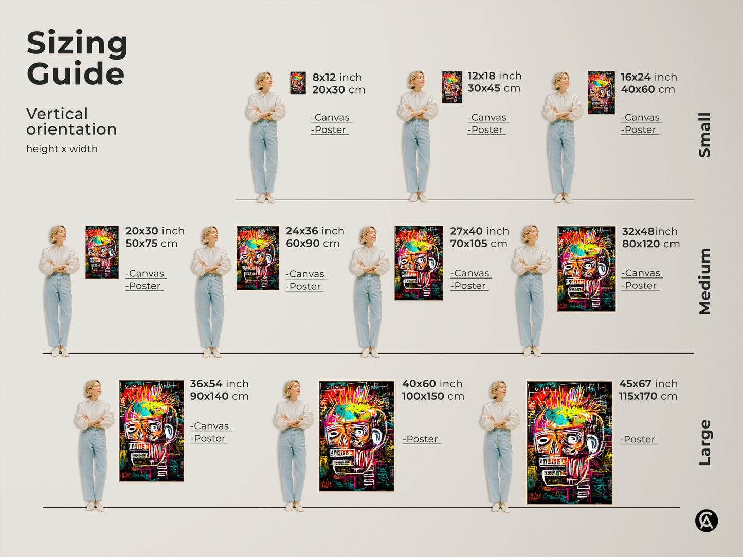 Sizing guide for Basquiat-style skull artwork. Visualize vertical orientation and height. Choose from small medium or large sizes. Options include 8x12 inch to 45x67 inch. Available as canvas or poster prints. Find the ideal fit for your space.