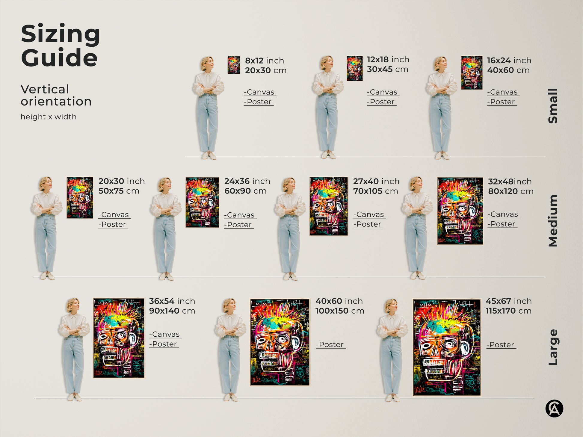 Sizing guide for Basquiat-style skull artwork. Visualize vertical orientation and height. Choose from small medium or large sizes. Options include 8x12 inch to 45x67 inch. Available as canvas or poster prints. Find the ideal fit for your space.