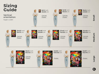 Sizing guide for Basquiat-style skull artwork. Visualize vertical orientation and height. Choose from small medium or large sizes. Options include 8x12 inch to 45x67 inch. Available as canvas or poster prints. Find the ideal fit for your space.
