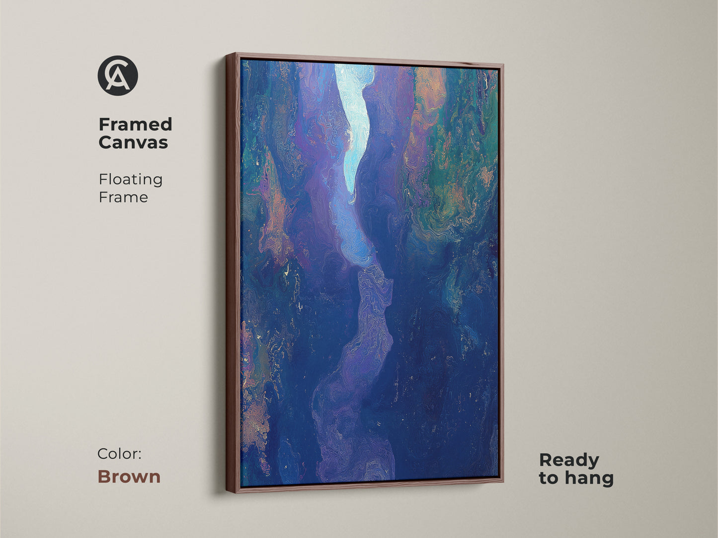 Framed canvas featuring abstract fluid art with a brown floating frame. The deep blue purple art print offers contemporary river canyon artwork. Ready to hang this piece will elevate your bedroom or living room decor.