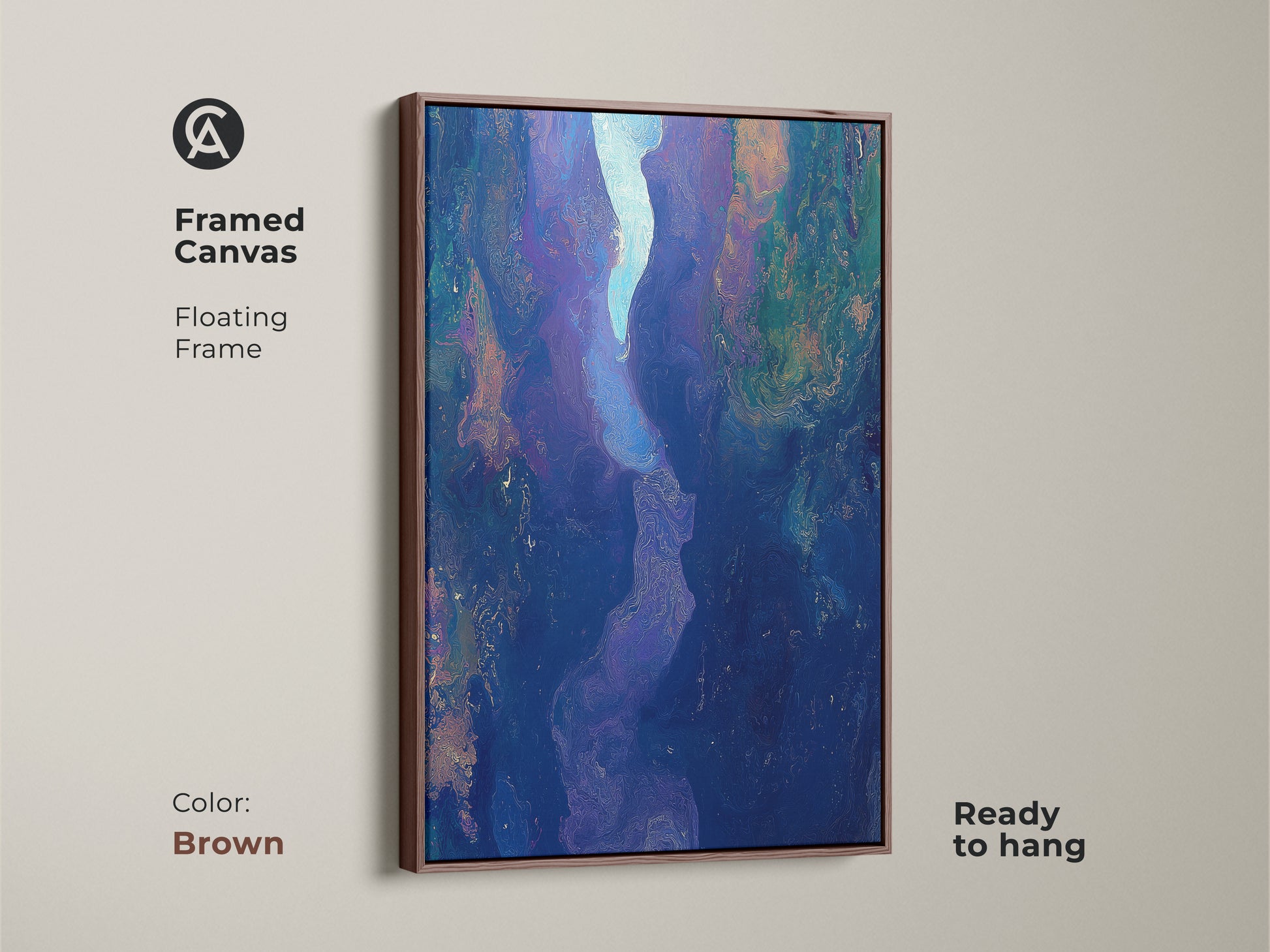 Framed canvas featuring abstract fluid art with a brown floating frame. The deep blue purple art print offers contemporary river canyon artwork. Ready to hang this piece will elevate your bedroom or living room decor.
