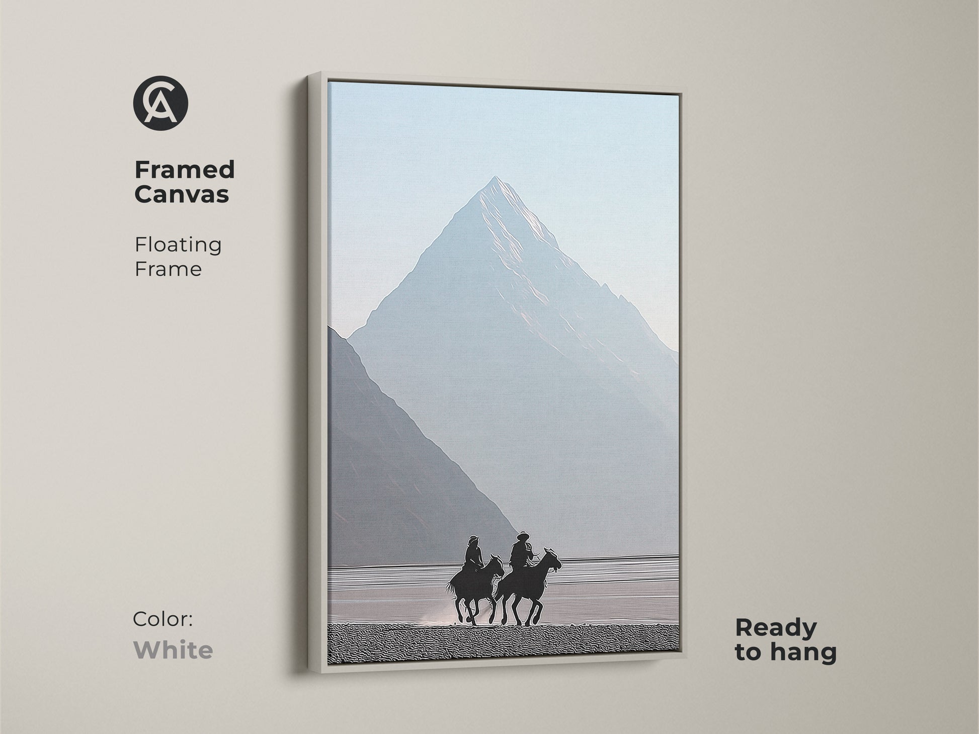 Various print presentation options for minimalist western art. Includes poster prints and stretched canvases. Framed canvases in oak white black brown and antique gold. Features cowboys and a misty blue mountain landscape. Choose the perfect style for your home.
