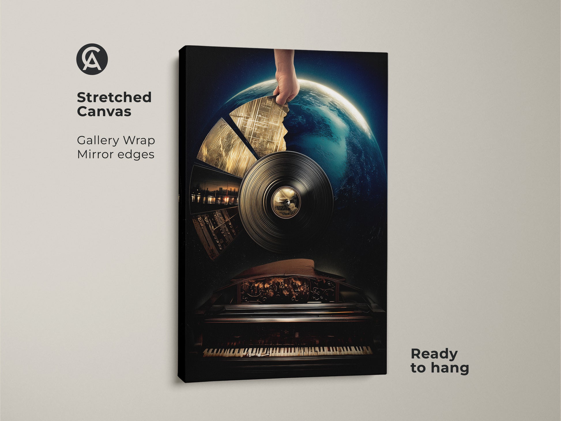 Stretched canvas featuring surreal vinyl record art with earth and piano keys. A conceptual music wall art piece gallery wrapped with mirror edges. Ready to hang deep blue gold artwork perfect for a music lover's eclectic home office.
