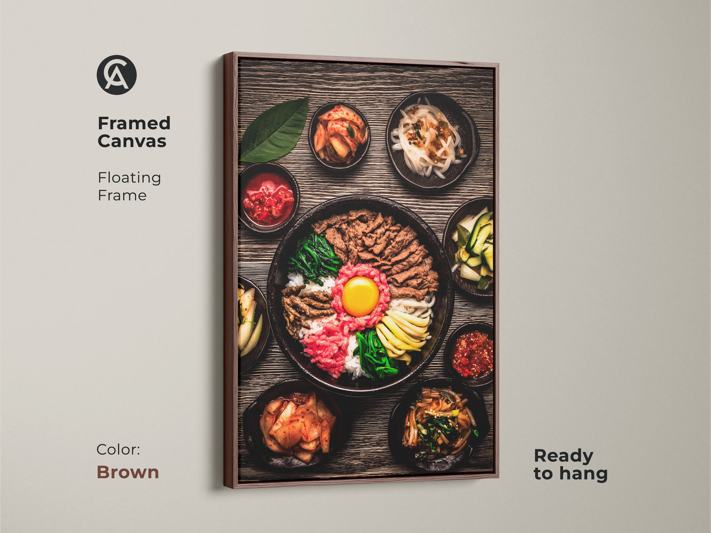 Framed Canvas showcasing realistic Bibimbap artwork Korean gourmet food photography. The canvas features a brown floating frame and comes ready to hang. A perfect contemporary gift for food lovers.