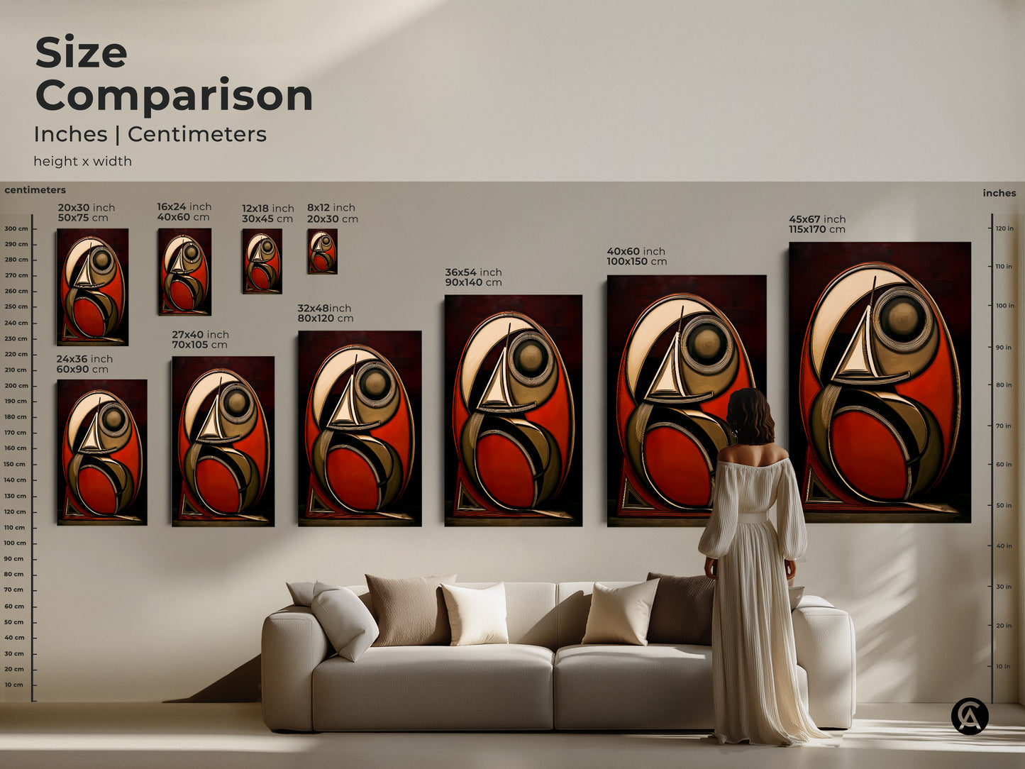Size comparison of geometric sailboat artwork in a home setting. Visualize the impact of this art deco style canvas print. Sizes range from small to large transforming living rooms with its rust red dark brown and gold tones.