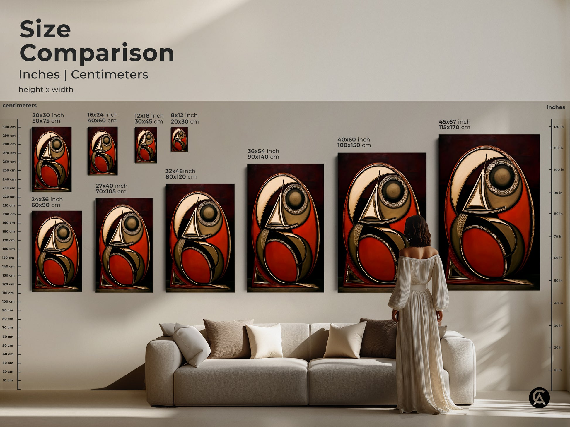 Size comparison of geometric sailboat artwork in a home setting. Visualize the impact of this art deco style canvas print. Sizes range from small to large transforming living rooms with its rust red dark brown and gold tones.