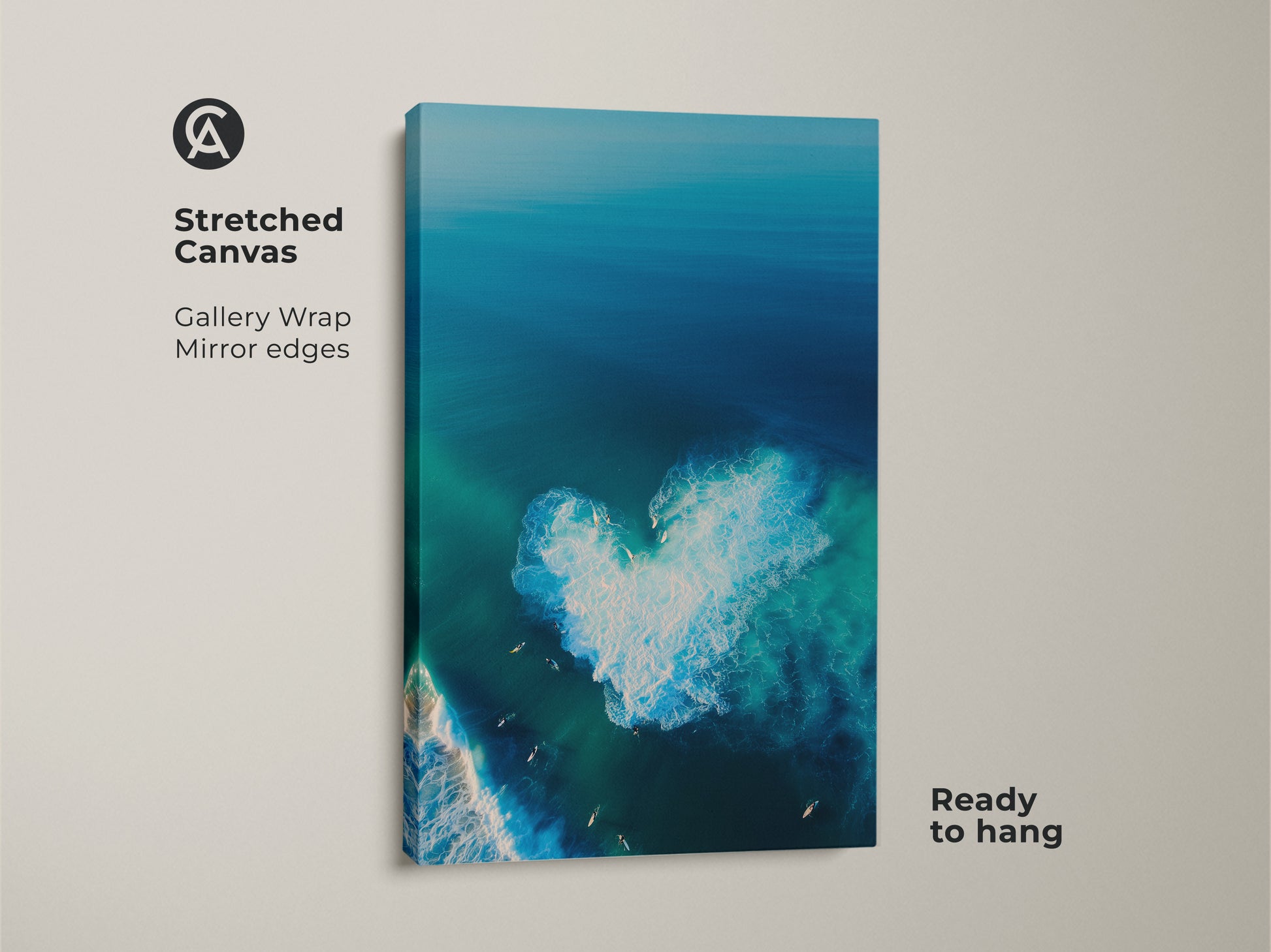 Stretched canvas art showcases a breathtaking ocean view. A heart-shaped wave is the focal point. Surfers enjoy the clear turquoise water. This gallery-wrapped canvas is ready to hang. It provides a seamless modern look. Perfect for ocean lovers. 
