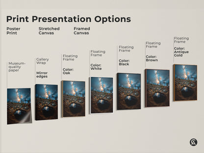 Explore print presentation options for the Milky Way Mountain Pool artwork. Choose from poster prints stretched canvas and framed canvas with various colors to suit your home decor needs.