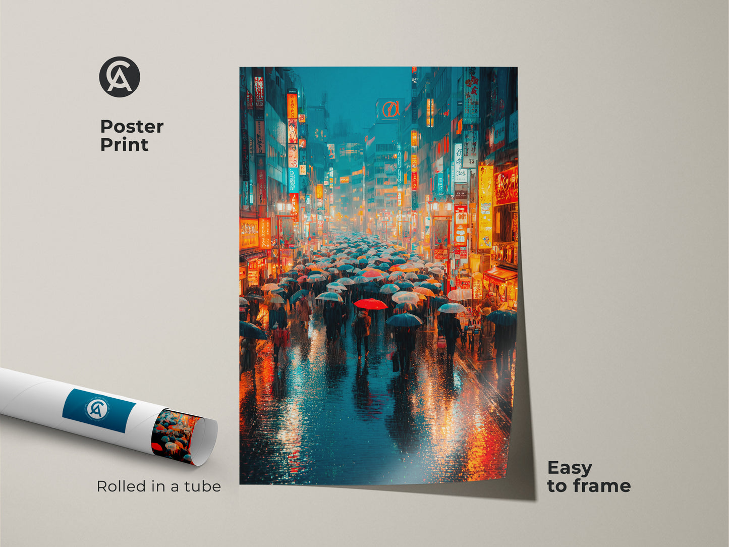 This image showcases a poster print of a cyberpunk Japanese street. Rolled in a tube and easy to frame the artwork shows a rainy night with neon lights. It is a great piece for adding a trendy urban touch to your home decor.