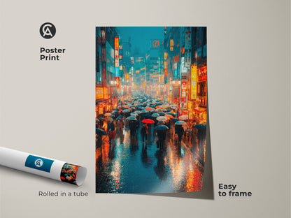 This image showcases a poster print of a cyberpunk Japanese street. Rolled in a tube and easy to frame the artwork shows a rainy night with neon lights. It is a great piece for adding a trendy urban touch to your home decor.