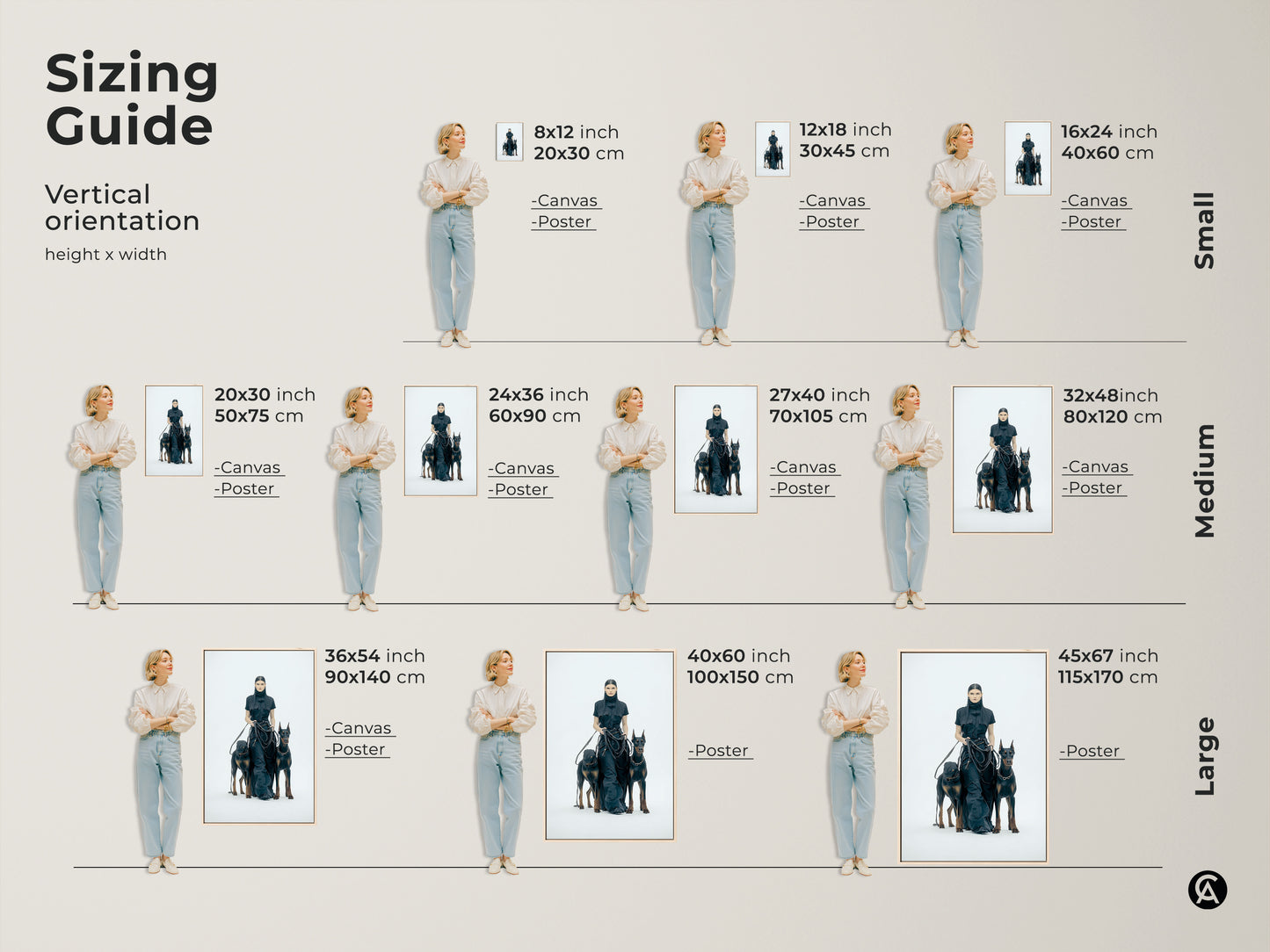 Sizing guide for woman with Dobermans art. Vertical orientation options for canvas and poster prints. Small medium and large sizes available. Find the perfect fit for your space. Contemporary monochrome art.
