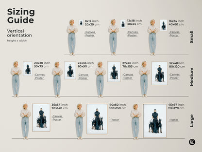 Sizing guide for woman with Dobermans art. Vertical orientation options for canvas and poster prints. Small medium and large sizes available. Find the perfect fit for your space. Contemporary monochrome art.