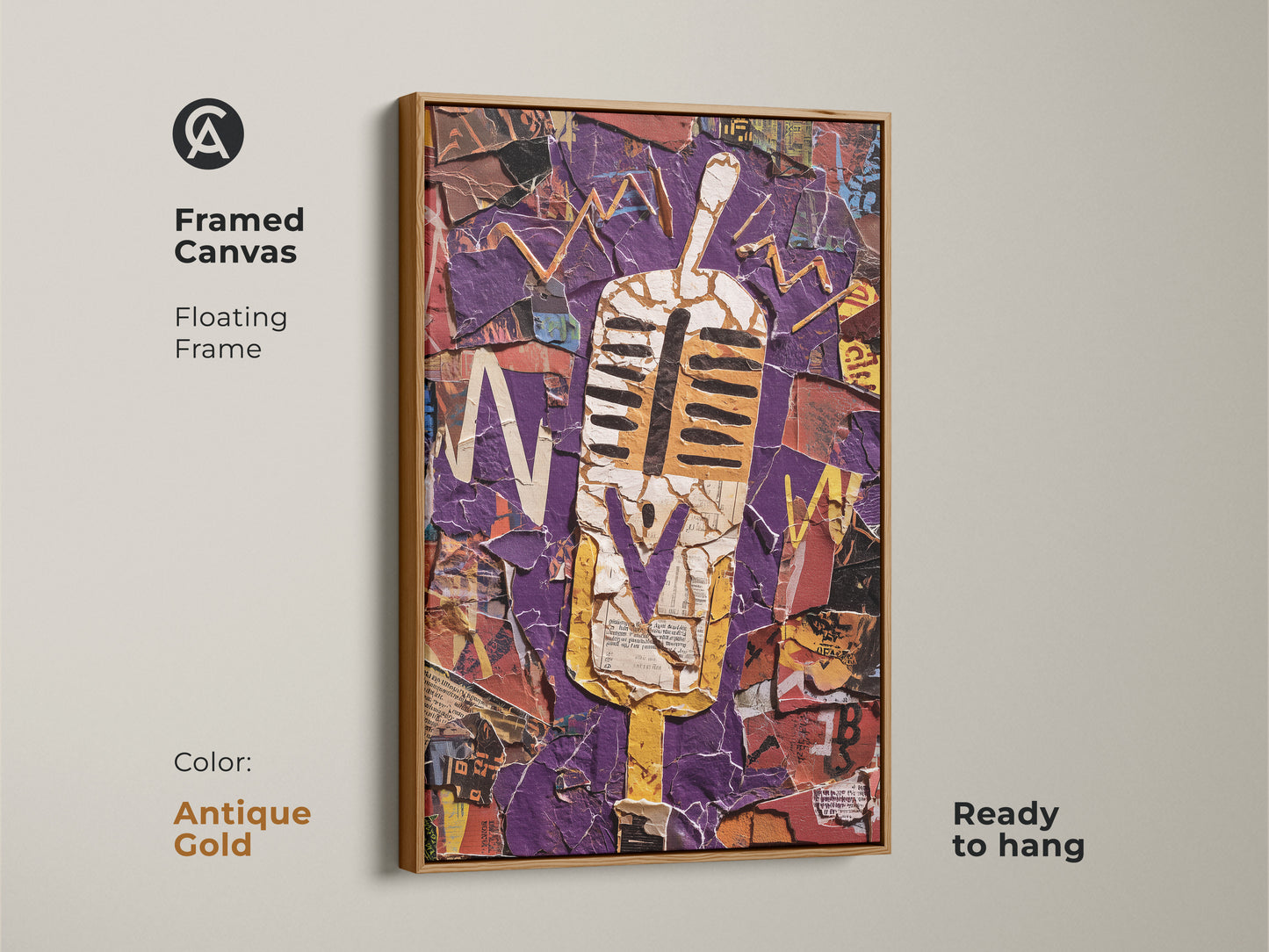 This framed canvas features a retro microphone in an abstract collage. The antique gold floating frame enhances the purple and yellow artwork. It is ready to hang and adds a vintage music flair. Perfect for office wall art or a unique musician birthday gift. A bold eclectic statement piece.
