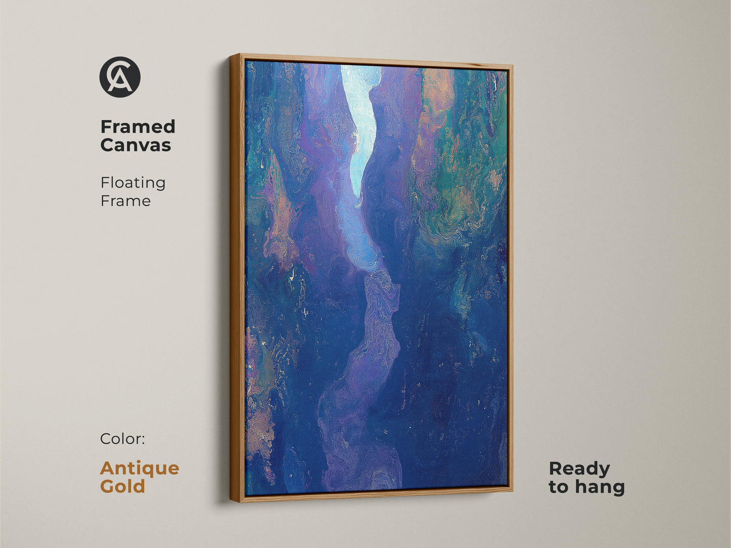 Framed canvas featuring abstract fluid art with an antique gold floating frame. The deep blue purple art print offers contemporary river canyon artwork. Ready to hang this piece will elevate your bedroom or living room decor.