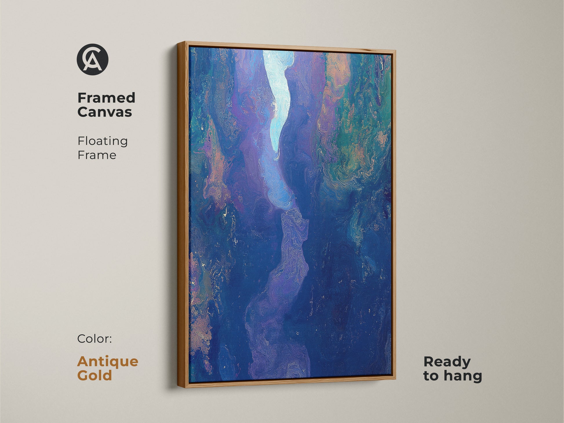 Framed canvas featuring abstract fluid art with an antique gold floating frame. The deep blue purple art print offers contemporary river canyon artwork. Ready to hang this piece will elevate your bedroom or living room decor.