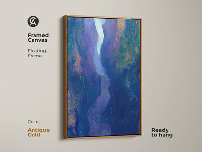 Framed canvas featuring abstract fluid art with an antique gold floating frame. The deep blue purple art print offers contemporary river canyon artwork. Ready to hang this piece will elevate your bedroom or living room decor.