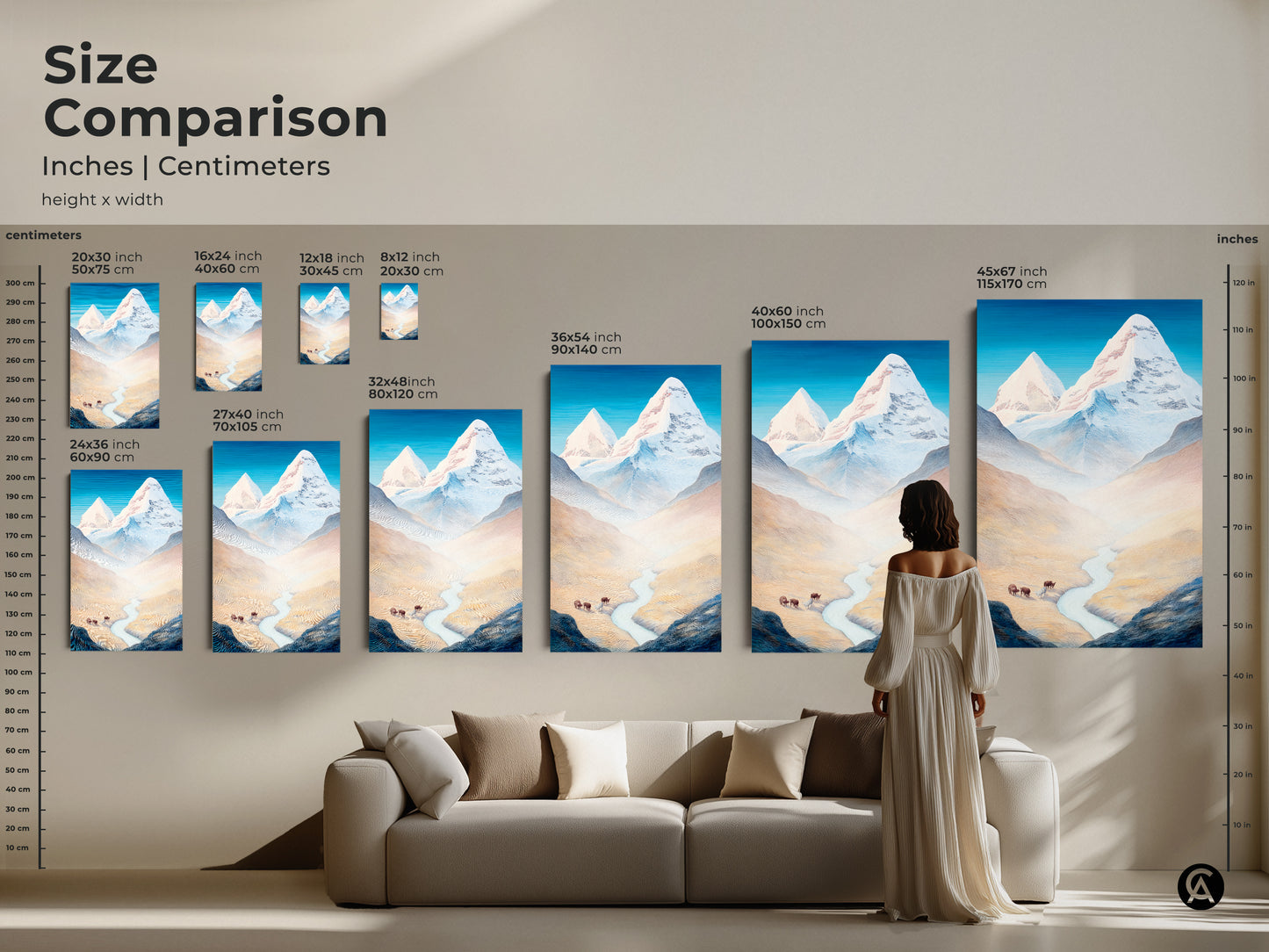 Size Comparison featuring our Mountain Bison canvas art in inches and centimeters. Visualize how each artwork dimension enhances your space from small to large sizes. Ideal for adding blue nature artwork to any nature lover's room or modern home.