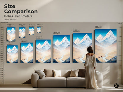 Size Comparison featuring our Mountain Bison canvas art in inches and centimeters. Visualize how each artwork dimension enhances your space from small to large sizes. Ideal for adding blue nature artwork to any nature lover's room or modern home.