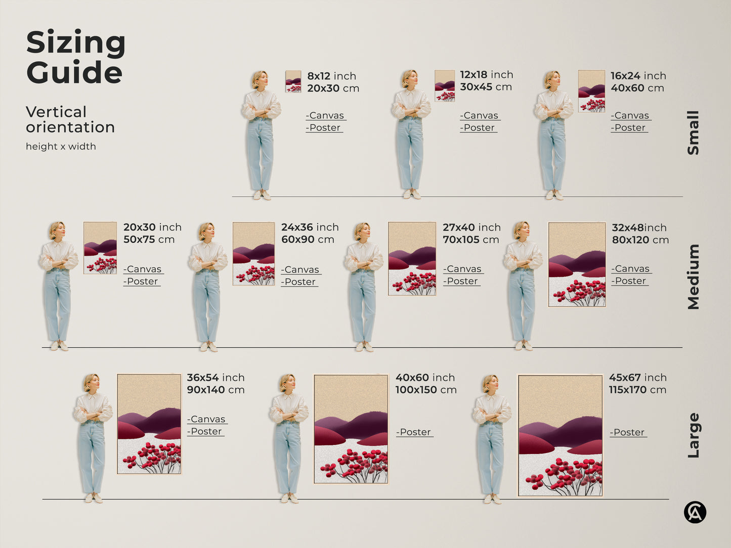 Sizing guide for abstract berry landscape art. Visualize vertical orientations with canvas and poster options. Find the ideal fit for your wall. Featuring minimalist red purple and beige art.