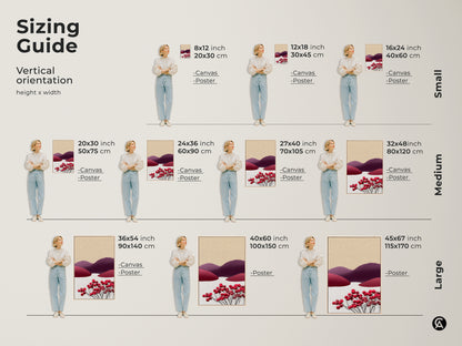 Sizing guide for abstract berry landscape art. Visualize vertical orientations with canvas and poster options. Find the ideal fit for your wall. Featuring minimalist red purple and beige art.
