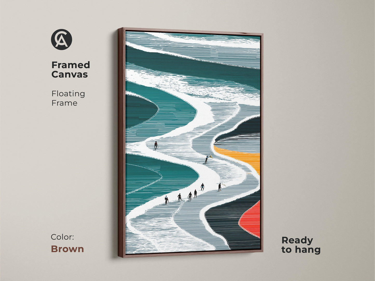 Framed Canvas with a brown floating frame featuring teal and white minimalist ski slope artwork This modern piece captures winter sports in an abstract style It's ready to hang enhancing any space The brown frame adds warmth to the contemporary home art Ideal for ski enthusiasts and modern decor lovers Snowy slopes provide artistic flair