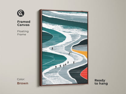 Framed Canvas with a brown floating frame featuring teal and white minimalist ski slope artwork This modern piece captures winter sports in an abstract style It's ready to hang enhancing any space The brown frame adds warmth to the contemporary home art Ideal for ski enthusiasts and modern decor lovers Snowy slopes provide artistic flair