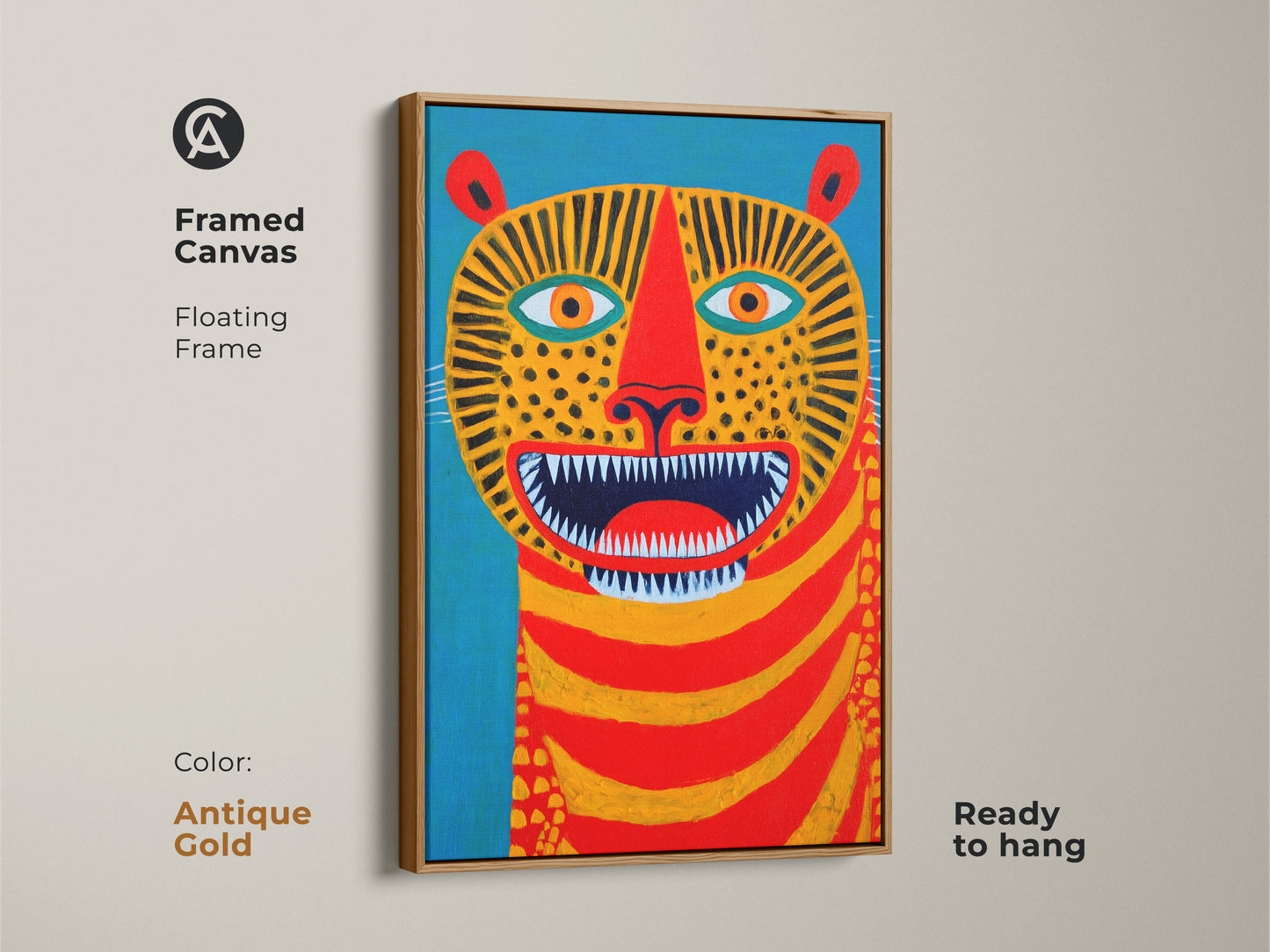 Pictured is a framed folk art tiger canvas in an antique gold floating frame. The modern animal artwork will make a statement on your wall. Bold colors of blue red and yellow make it a vibrant choice. Perfect for eclectic home decor.