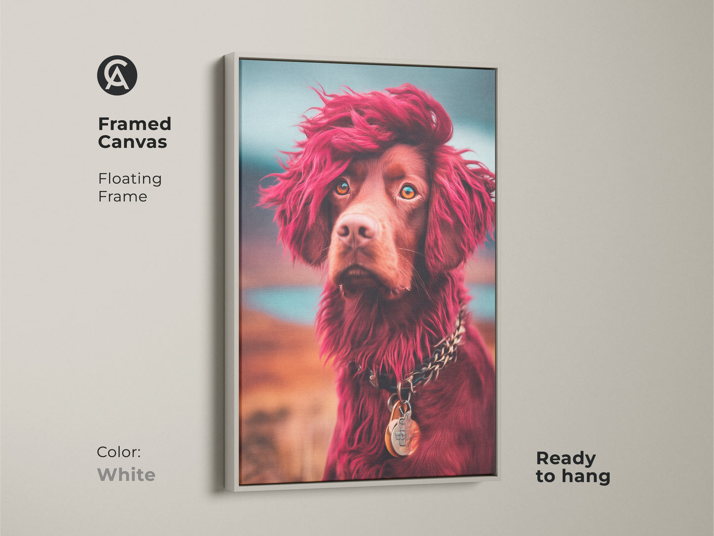 White framed canvas featuring an eclectic dog art print. This stylized animal portrait features a brown dog with red hair and a chunky chain necklace. This piece is ready to hang. Makes a great artistic dog gift and brightens any space.