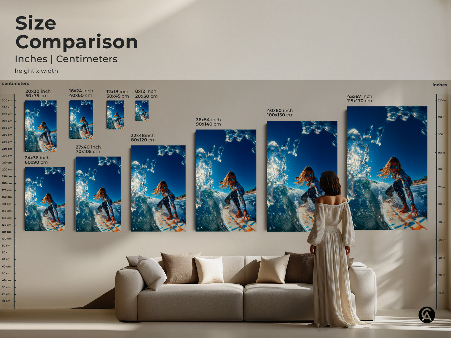 Size comparison of surfer girl artwork prints. See the different sizes available in inches and centimeters. Compare canvas and poster sizes for your living room wall art. Shop now.