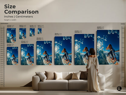 Size comparison of surfer girl artwork prints. See the different sizes available in inches and centimeters. Compare canvas and poster sizes for your living room wall art. Shop now.