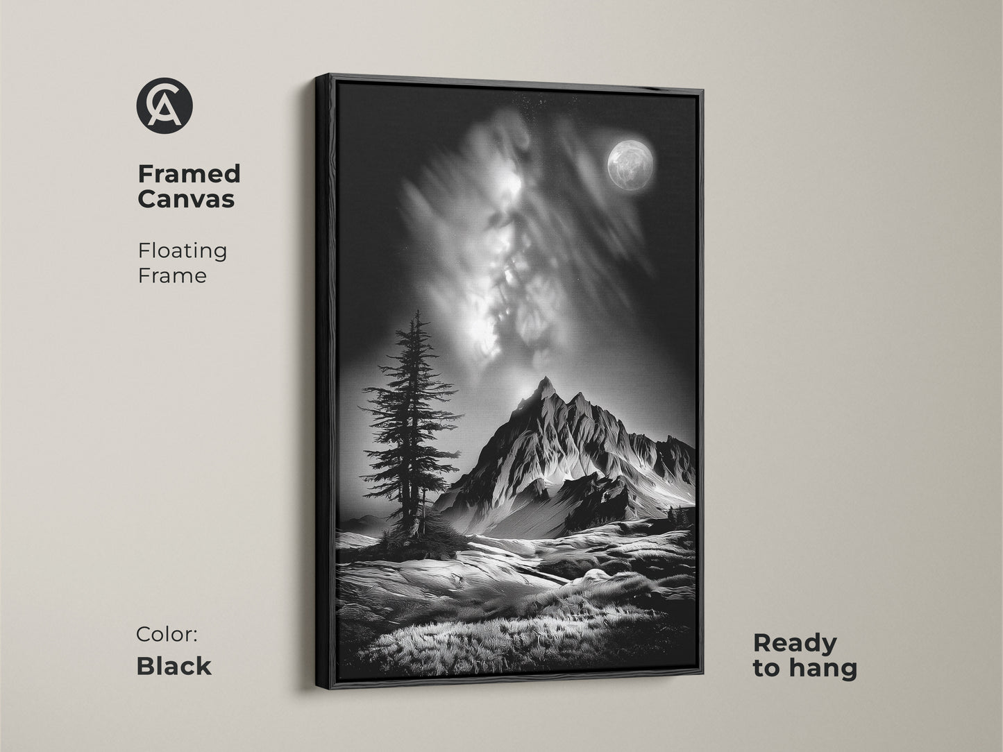 A black framed canvas displays monochrome mountain art. This floating frame highlights a black and white landscape with a moonlit pine tree. Ready to hang contemporary nature artwork.