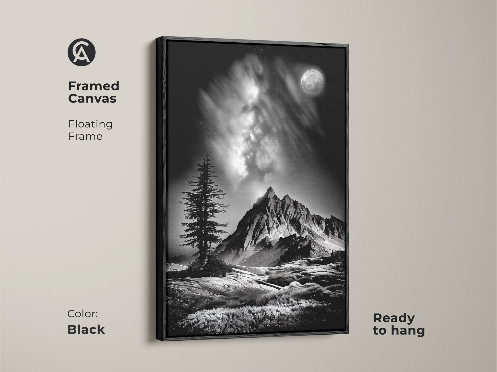A black framed canvas displays monochrome mountain art. This floating frame highlights a black and white landscape with a moonlit pine tree. Ready to hang contemporary nature artwork.