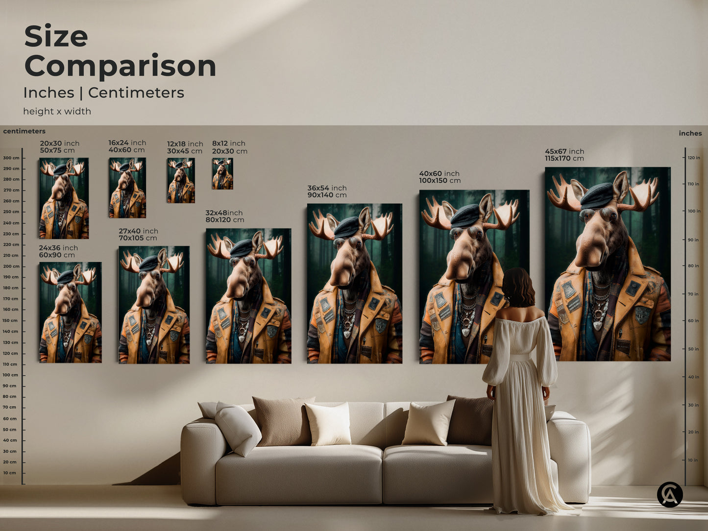 Size comparison of the 'Dapper Moose' artwork. Inches and centimeters are displayed. This eclectic artwork is shown in various sizes above a couch. Visualize the perfect fit for your living room.