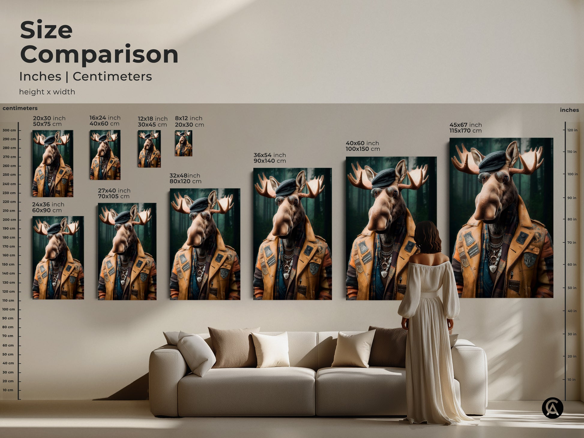 Size comparison of the 'Dapper Moose' artwork. Inches and centimeters are displayed. This eclectic artwork is shown in various sizes above a couch. Visualize the perfect fit for your living room.