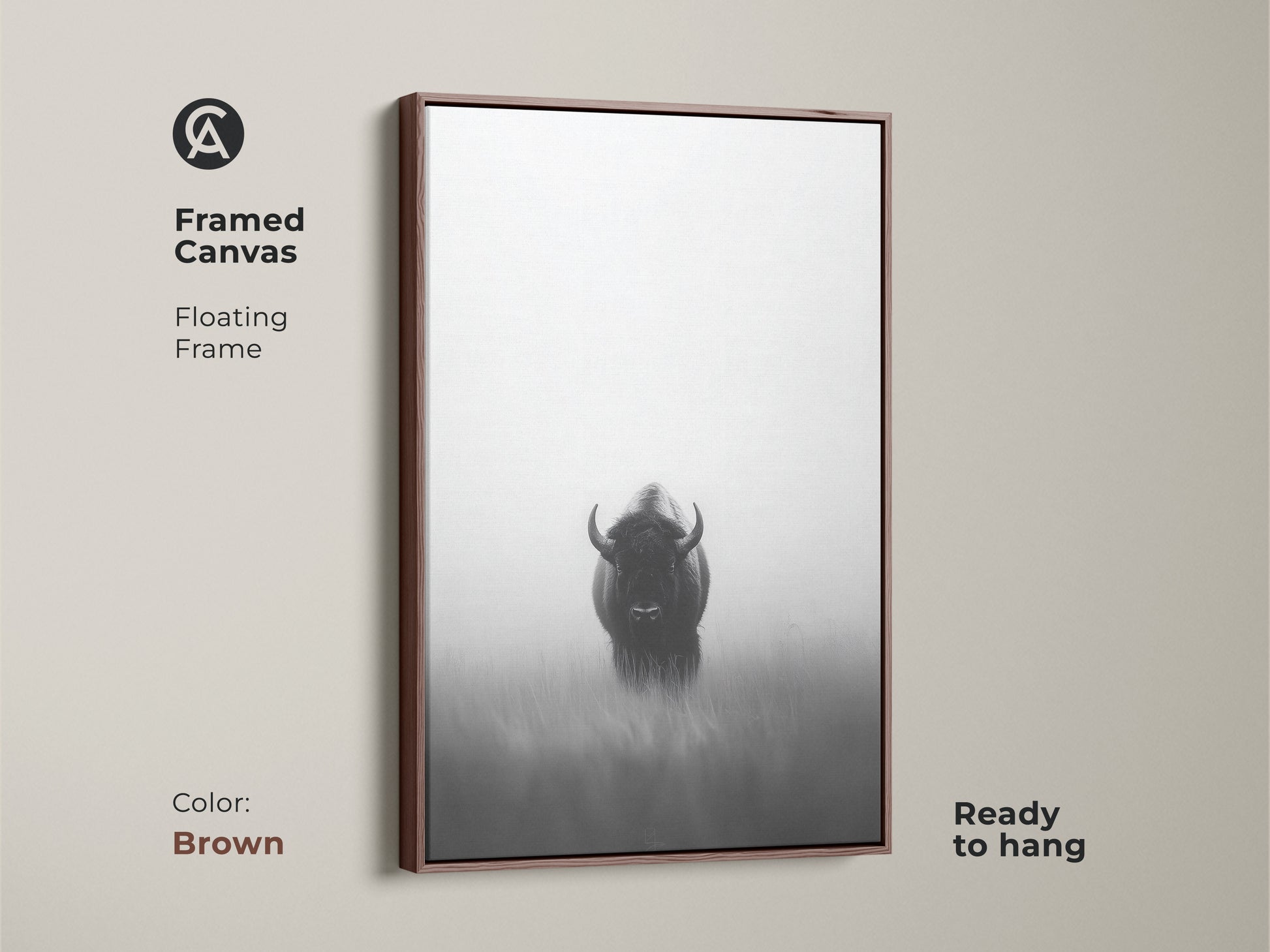 A framed canvas showcases a monochrome bison with a brown floating frame. This minimalist wildlife art is ready to hang. The black and white bison print adds a contemporary feel. A perfect gift for outdoor enthusiasts looking for rustic bison artwork.