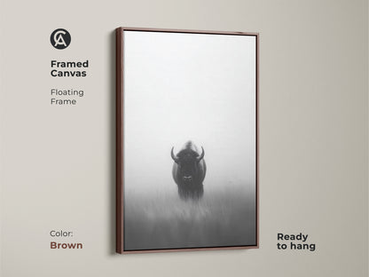 A framed canvas showcases a monochrome bison with a brown floating frame. This minimalist wildlife art is ready to hang. The black and white bison print adds a contemporary feel. A perfect gift for outdoor enthusiasts looking for rustic bison artwork.