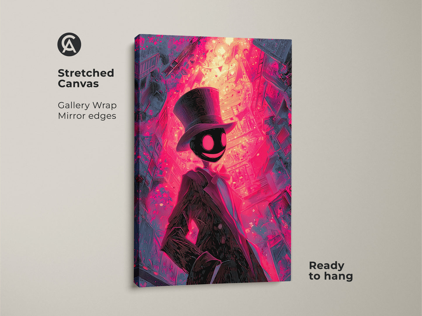 Stretched canvas art showcasing a mysterious figure in a top hat. The background features a vivid cityscape in shades of pink and purple. The gallery wrap and mirror edges provide a clean modern look. Ready to hang and enjoy.