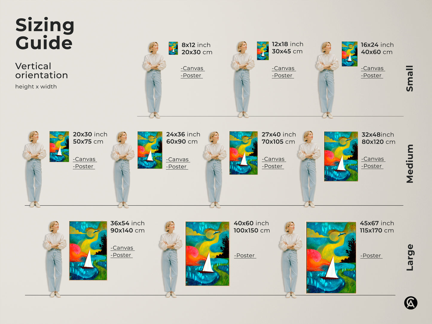 Vertical sizing guide for abstract sailboat canvas. Visualize various sizes perfect for any space. Enhance your decor with this teal yellow green seascape print. Find the perfect fit for your bohemian wall decor.