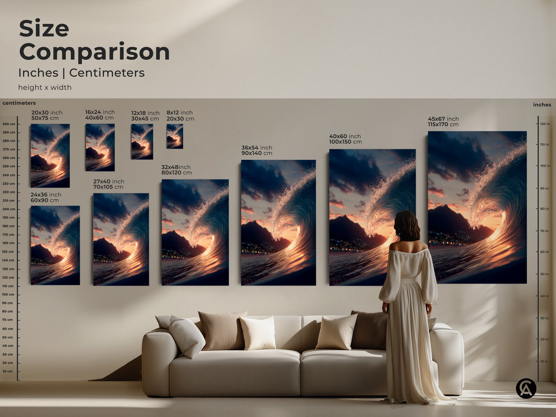 Size comparison of ocean wave art prints. See how different sizes look in a living room setting. Choose from various sizes to fit your space. Find the perfect wave art to enhance your home decor. Shop now.