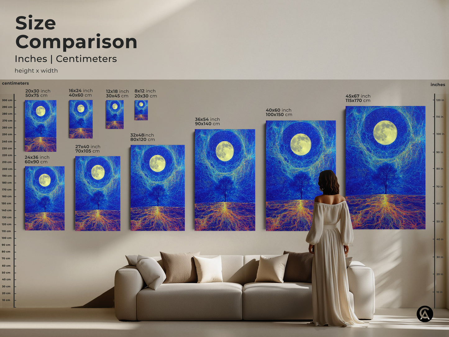 Size comparison of the celestial tree of life art in inches and centimeters. See how the different sizes of the surreal moon landscape look above a sofa. Perfect for making a statement in any room. The cosmic roots artwork enhances your home decor.
