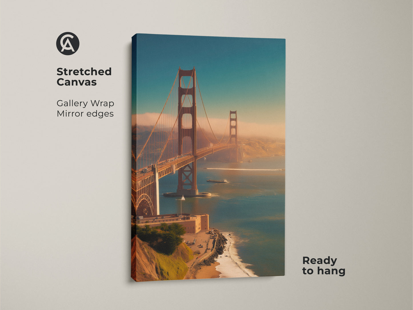 Stretched canvas of the Golden Gate Bridge. This San Francisco seascape print is ready to hang. It features gallery wrap and mirror edges. A great piece of coastal landscape wall art.
